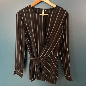 Mango Black and White Striped Wrap Blouse